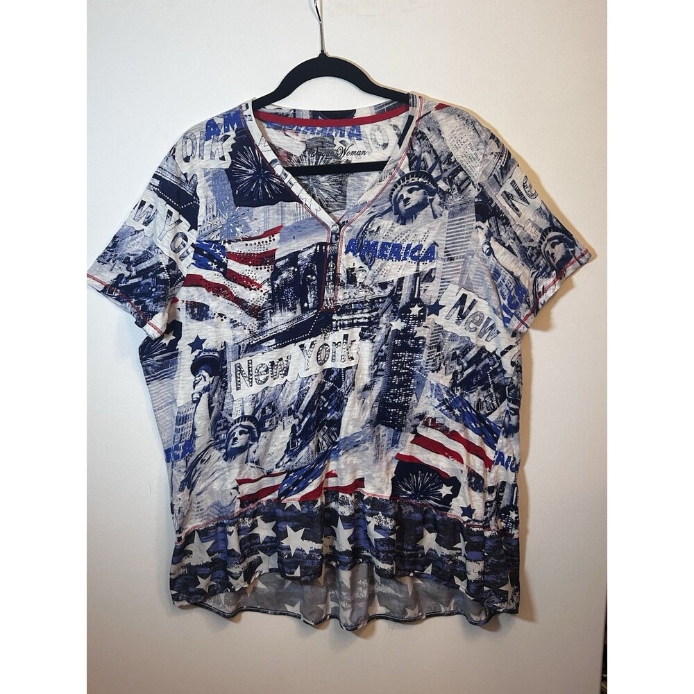 Unique Woman 2X Patriotic Stars Graphic Tunic T-Shirt V-Neck Rhinestone Button - Picture 11 of 16